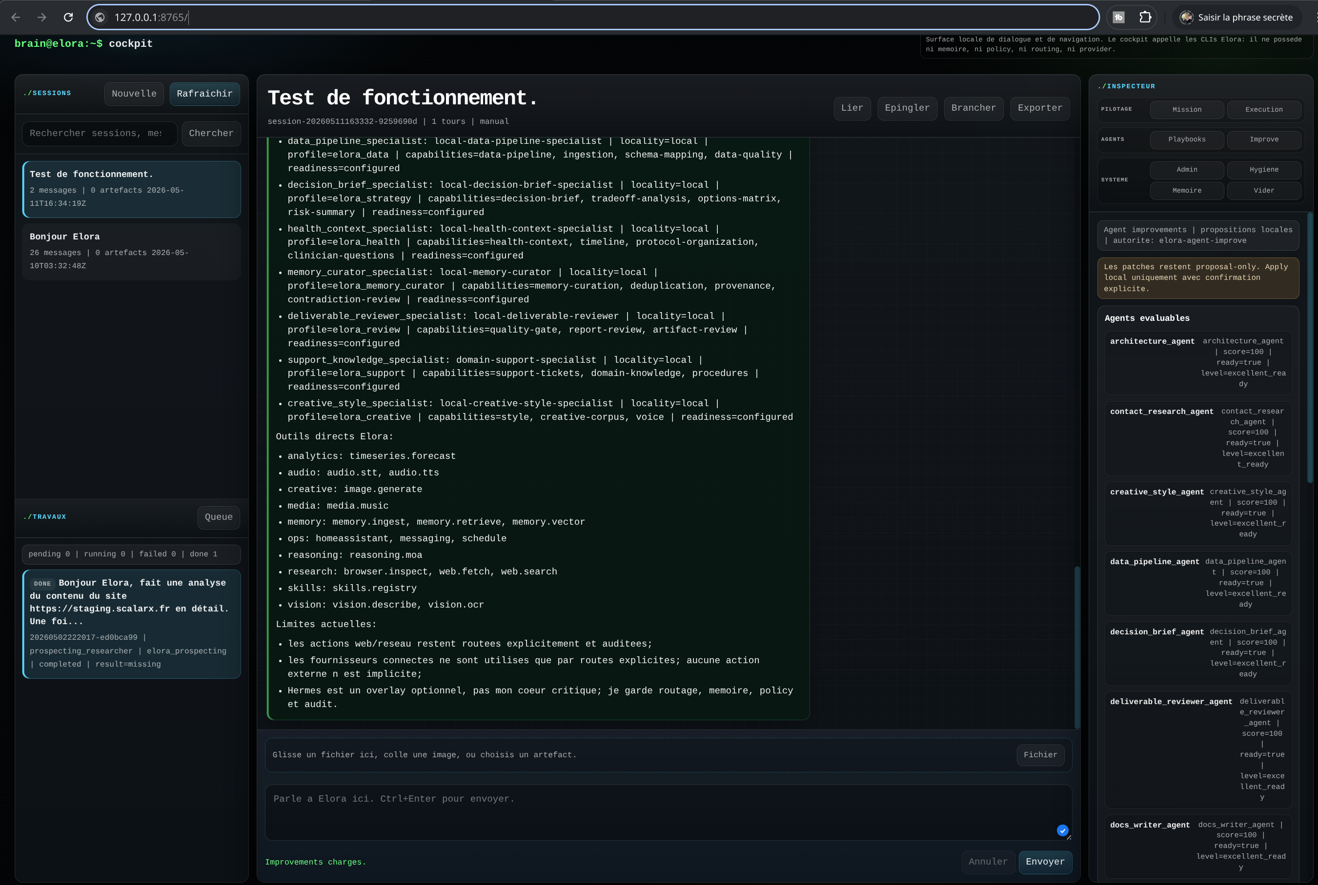 Capture du cockpit local Elora avec sessions, conversation centrale, queue et inspecteur JSON.